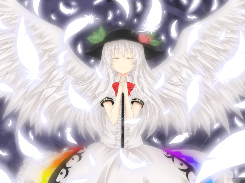 alternate_hair_color, angel_wings, bow, closed_eyes, eyes_closed, feathers, food, frills