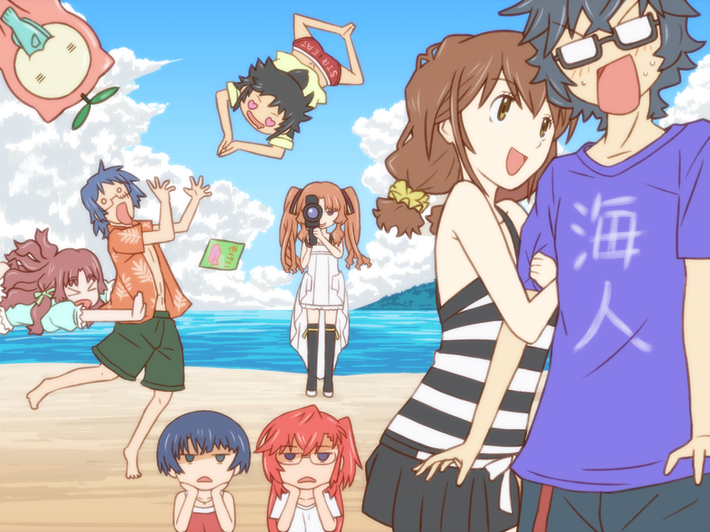 arisawa_chiharu, beach, black_hair, blue_hair, bow, brown_hair, clothes_writing, cloud