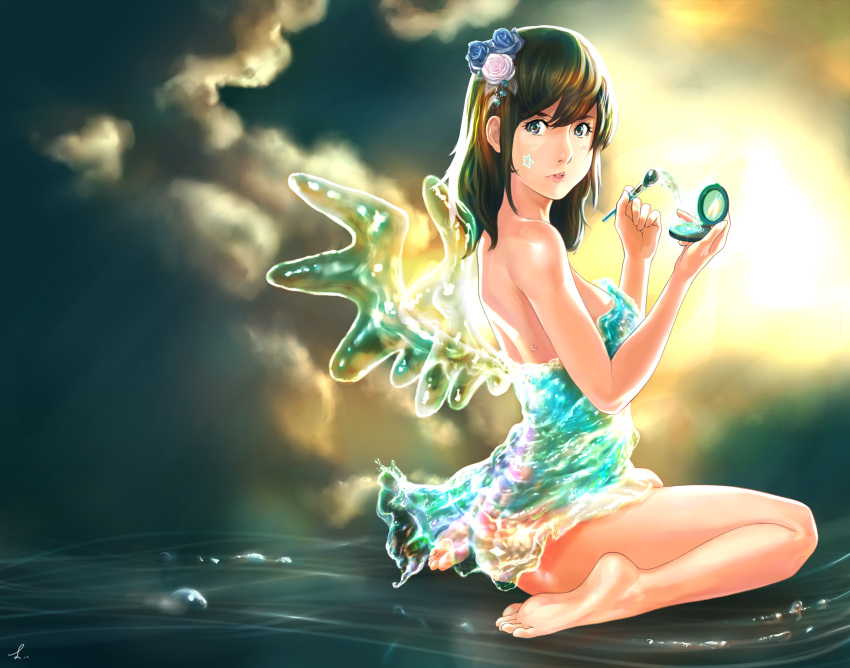 ass, bad_id, barefoot, brown_hair, brush, censored, cloud, convenient_censoring, dress, facial_mark, feet, flower, hair_flower, hair_ornament, hands, highres, legs, lips, long_hair, makeup, mirror, nude, original, purple_eyes, rapa_rachi, rose, short_hair, sitting, sky, slime, soles, solo, star, toes, violet_eyes, wariza, water, water_dress, wings