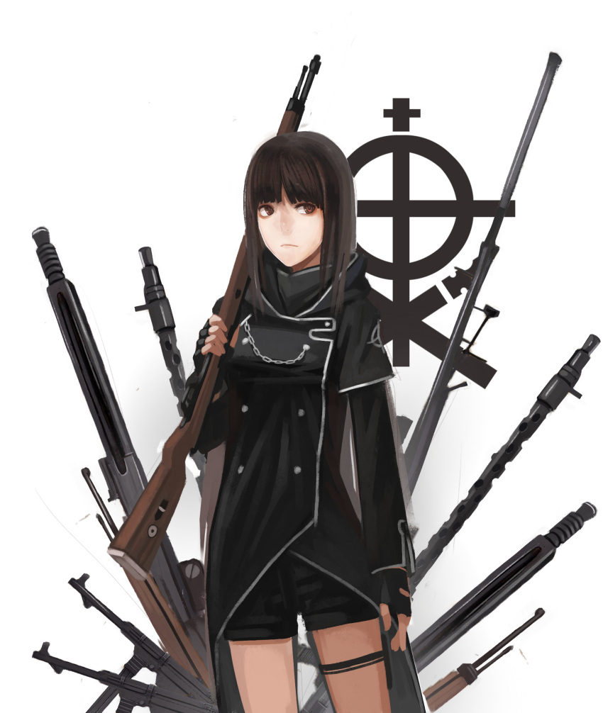 bolt_action, brown_eyes, chain, chains, fingerless_gloves, gloves, gun, highres
