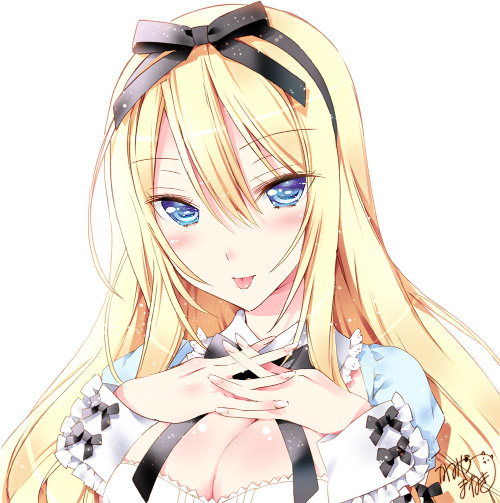 alice_(wonderland), alice_in_wonderland, blonde_hair, blue_eyes, blush, breasts, cleavage, hair_ribbon