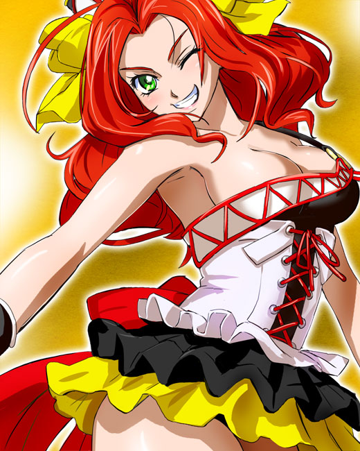 armpits, breasts, cleavage, corset, gloves, green_eyes, hair_ribbon, haruyama, kouryuuji_mii, lacing, large_breasts, long_hair, project_cross_zone, project_x_zone, red_hair, redhead, ribbon, short_dress, smile, wink