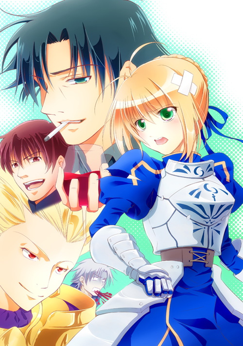4boys, ahoge, armor, armored_dress, bandage, bandages, black_hair, blonde_hair