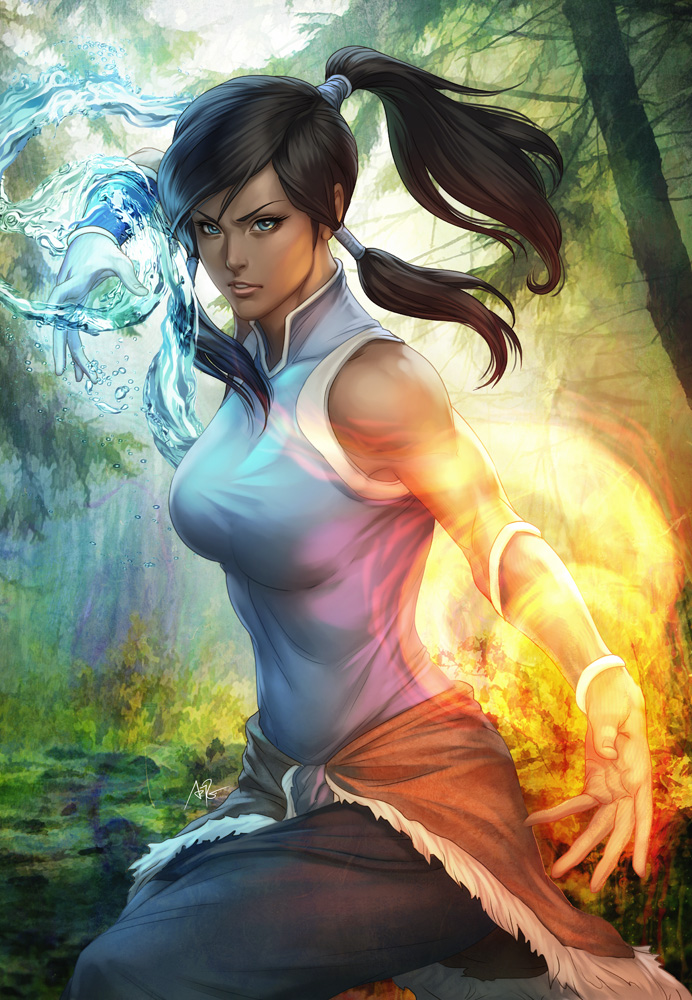 1girl, avatar_legends, bare_shoulders, blue_eyes, brown_hair, dark_skin, duplicate, element_bending