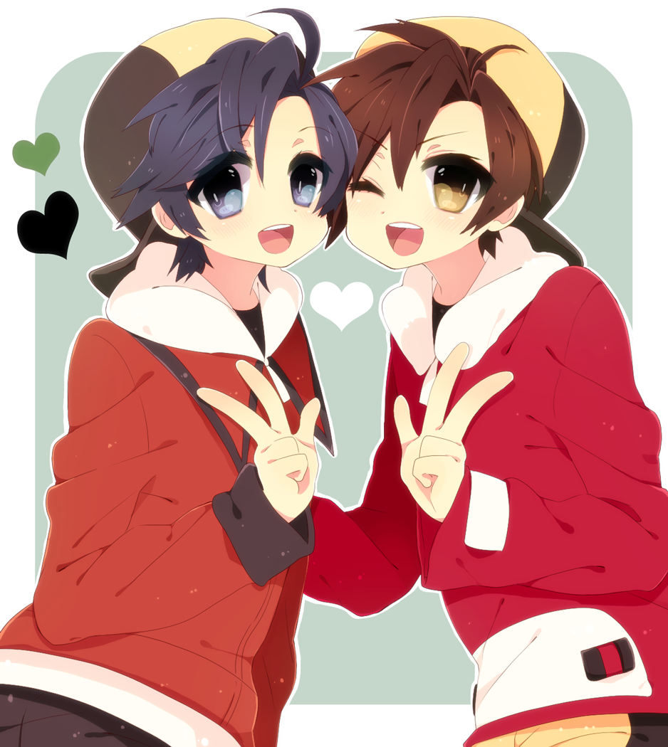 :d, ;d, backwards_hat, baseball_cap, black_hair, blue_eyes, brown_hair, dual_persona