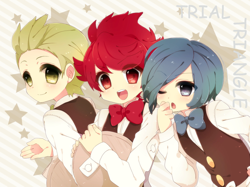 :d, ;o, bad_id, blue_eyes, blue_hair, blush, bowtie, brothers