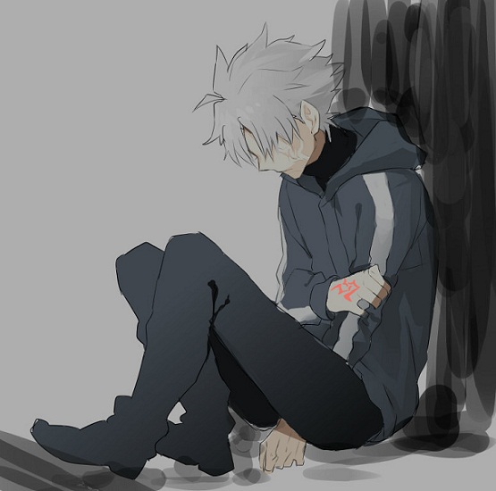 command_spell, fate/zero, fate_(series), hair_over_eyes, hid009, hoodie, male, matou_kariya, sitting, solo, spot_color