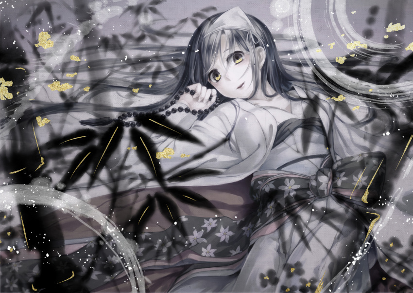 absurdres, bamboo, beads, black_hair, ghost, highres, japanese_clothes, kimono