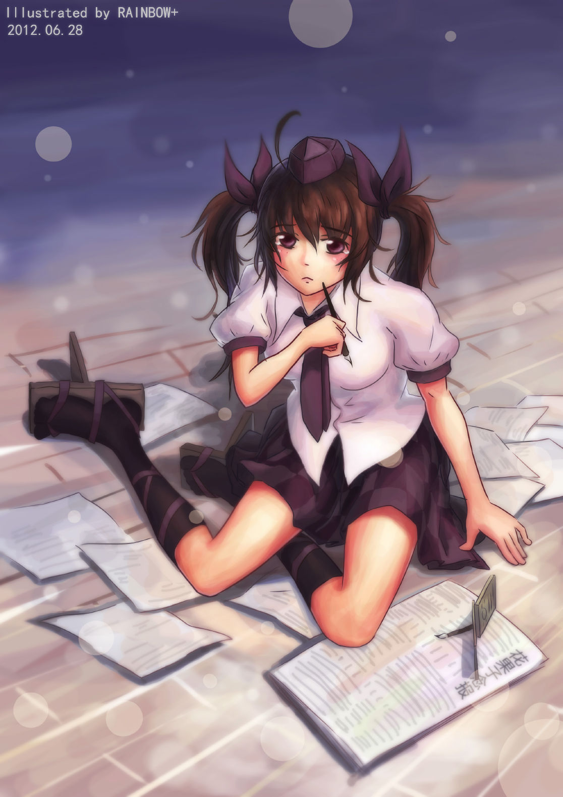 :<, ahoge, arm_up, artist_name, blue_background, breasts, brown_hair, dated