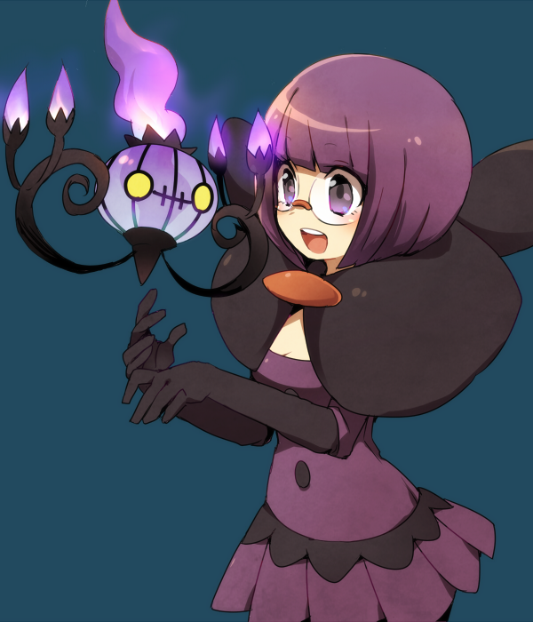1girl, bangs, black_legwear, blue_background, blush, chandelure, cowboy_shot, elbow_gloves
