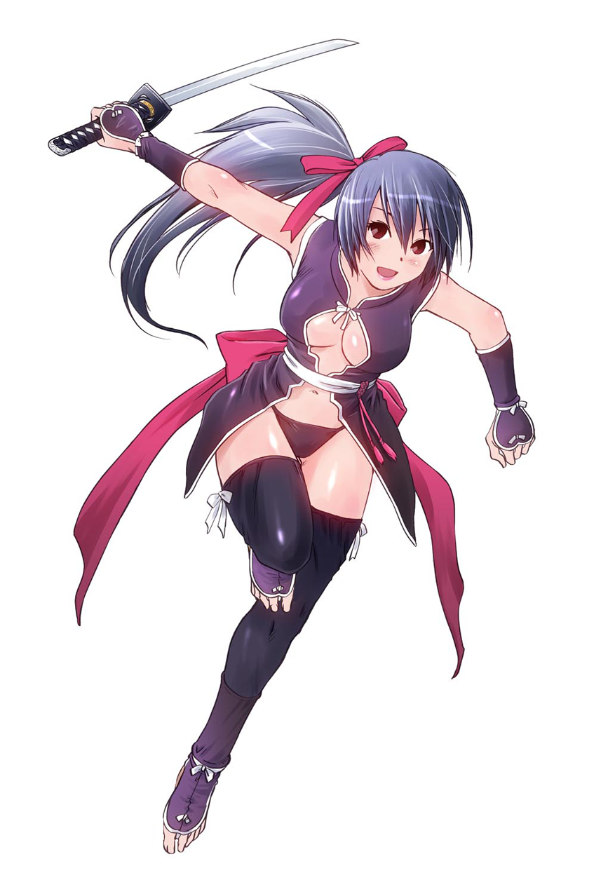 :d, artist_request, barefoot, black_legwear, blue_hair, blush, breasts, bridal_gauntlets, brown_eyes, character_request, cleavage, gloves, hair_ribbon, highres, iogi_juichi, japanese_clothes, katana, kote, long_hair, navel, ninja, ninjatou, open_mouth, original, panties, ponytail, reverse_grip, ribbon, sash, simple_background, smile, solo, sword, thighhighs, tied_hair, toeless_legwear, toeless_socks, toes, underwear, weapon, white_background