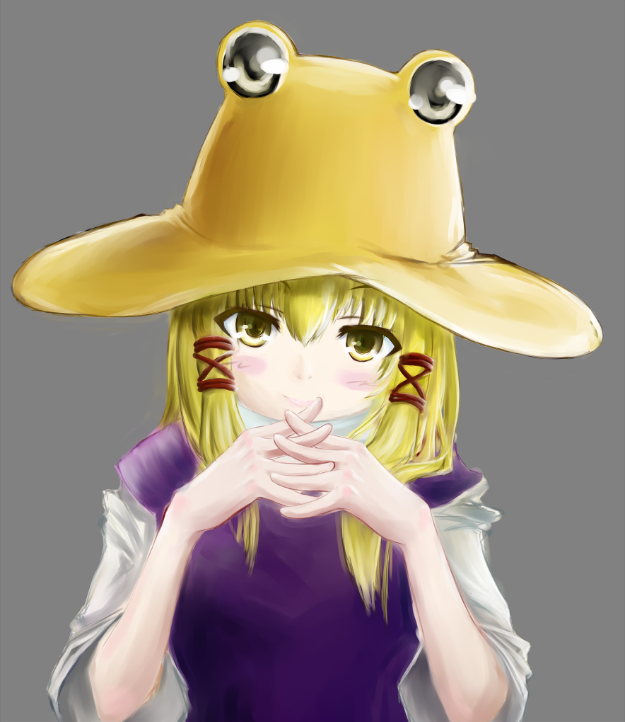 blonde_hair, blush_stickers, dress, fingers_together, graphite_(medium), grey_background, hair_ribbon, hat, head_tilt, himawaritei, lips, long_hair, long_sleeves, looking_at_viewer, moriya_suwako, nose, payot, purple_dress, ribbon, smile, smmile, solo, touhou, traditional_media, watercolor_pencil_(medium), yellow_eyes