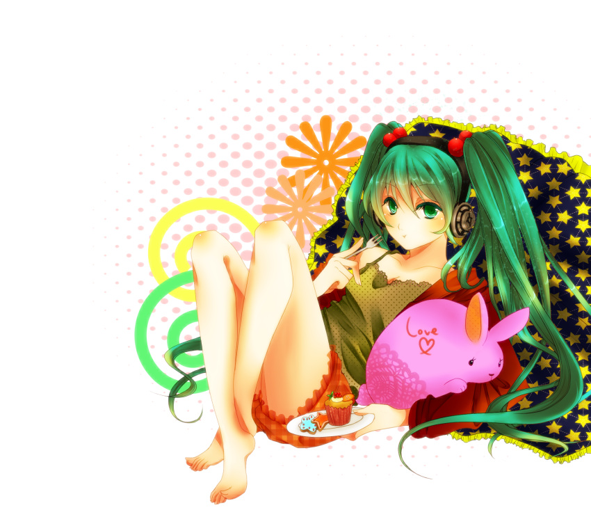 bad_id, barefoot, bunny, cupcake, feet, fork, green_eyes, green_hair