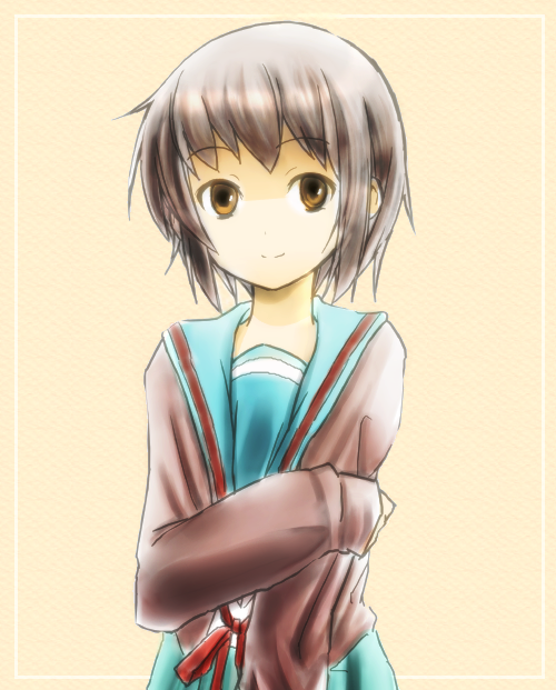 brown_hair, cardigan, koji, nagato_yuki, school_uniform, short_hair, smile, suzumiya_haruhi_no_yuuutsu