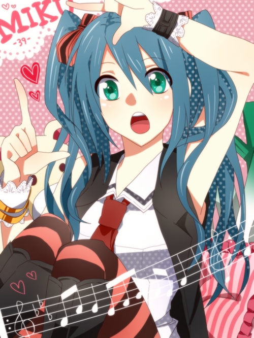 39, aqua_hair, arm_up, character_name, erigamine, green_eyes, hatsune_miku, heart