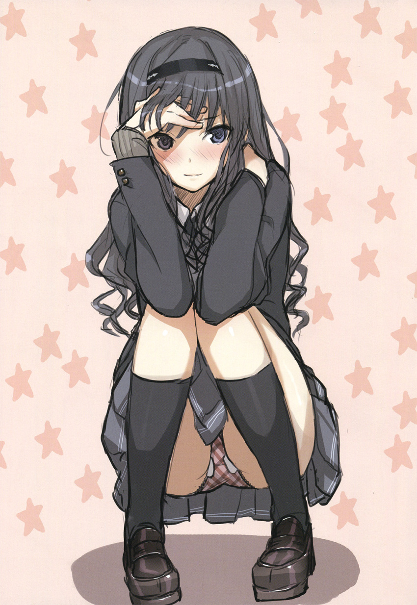 amagami, black_eyes, black_hair, black_legwear, blush, curly_hair, hairband, hand_in_hair, highres, kneehighs, light_smile, loafers, long_hair, menstrual_pad, morishima_haruka, panties, pantyshot_(squatting), plaid, plaid_panties, pleated_skirt, saitom, scan, school_uniform, shoes, skirt, smile, solo, squatting, star, starry_background, underwear