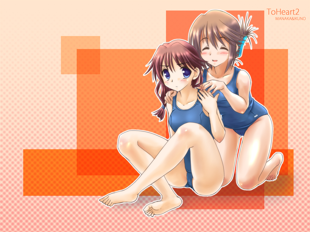 barefoot, blue_eyes, blush, brown_hair, feet, hair_ornament, hairclip, kneeling