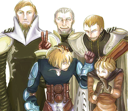 4boys, alma_beoulve, armor, artist_request, barbaneth_beoulve, beard, blonde_hair, brown_hair, cape, dycedarg_beoulve, facial_hair, family, final_fantasy, final_fantasy_tactics, happy, lowres, multiple_boys, old, petting, ramza_beoulve, v, zalbaag_beoulve