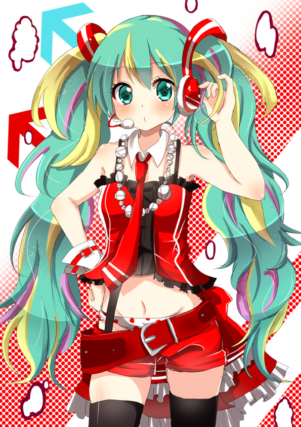 aoba_mina, aqua_eyes, aqua_hair, belt, cola_miku, collar, hand_on_hip, hatsune_miku