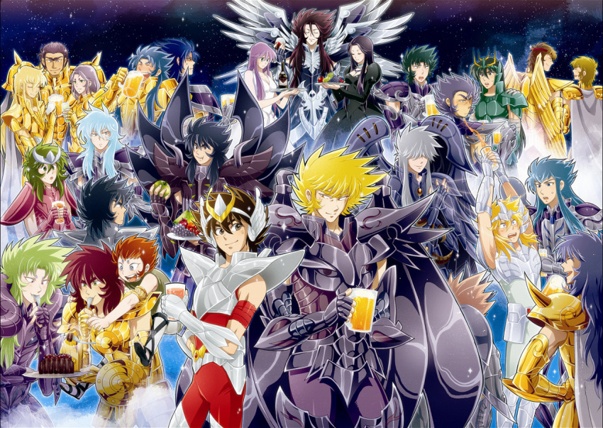 aquarius_camus, aries_mu, aries_shion, athena_(saint_seiya), beer, cancer_deathmask, capricorn_shura, cygnus_hyoga