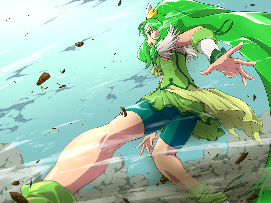 bike_shorts, cure_march, dress, from_below, green, green_dress, green_eyes, green_hair