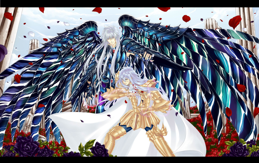 armor, black_rose, blue_sky, fighting, fighting_stance, full_armor, greek_columns, griffon_minos, male, multiple_boys, outdoors, pisces_albafica, rose, rose_petals, saint_seiya, saint_seiya:_the_lost_canvas