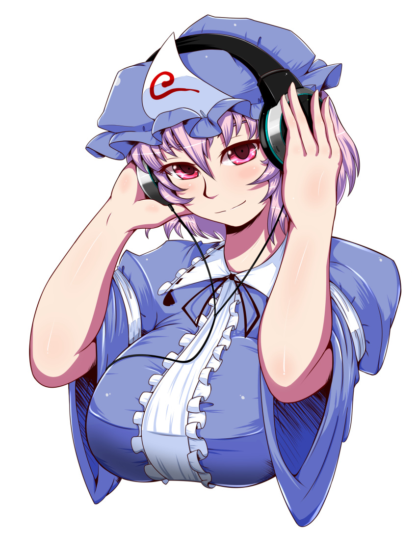 2radpersec, breasts, bust, hat, headphones, highres, japanese_clothes, pink_eyes
