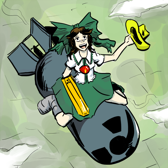 bomb, commentary, cowboy_hat, dr._strangelove, dr._strangelove_or:_how_i_learned_to_stop_worrying_and_love_the_bomb, drsunshine, hat, mismatched_footwear, nuke, parody, reiuji_utsuho, riding, solo, touhou