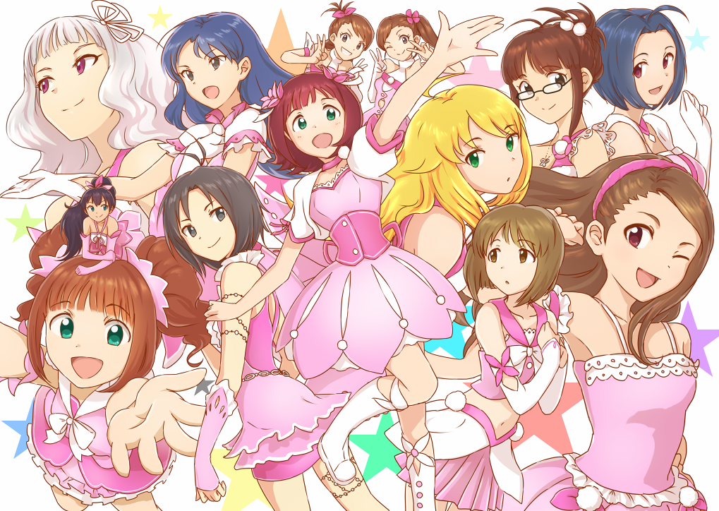 amami_haruka, bare_shoulders, blush, cute_&amp;_girly_(idolmaster), dani-ikapi, dress, floral_(idolmaster), futami_ami, futami_mami, ganaha_hibiki, gloves, hagiwara_yukiho, hoshii_miki, idolmaster, kikuchi_makoto, kisaragi_chihaya, long_hair, minase_iori, miura_azusa, open_mouth, outstretched_arm, outstretched_hand, shijou_takane, short_hair, smile, takatsuki_yayoi, v