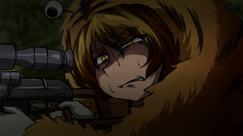 animal_costume, blonde_hair, brown_hair, camouflage, gun, multicolored_hair, rifle, short_hair