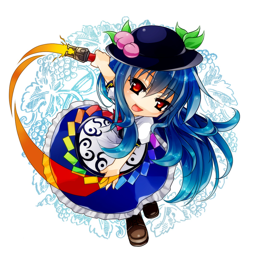 blue_hair, bow, chibi, cross-laced_footwear, fang, food, fruit, hat
