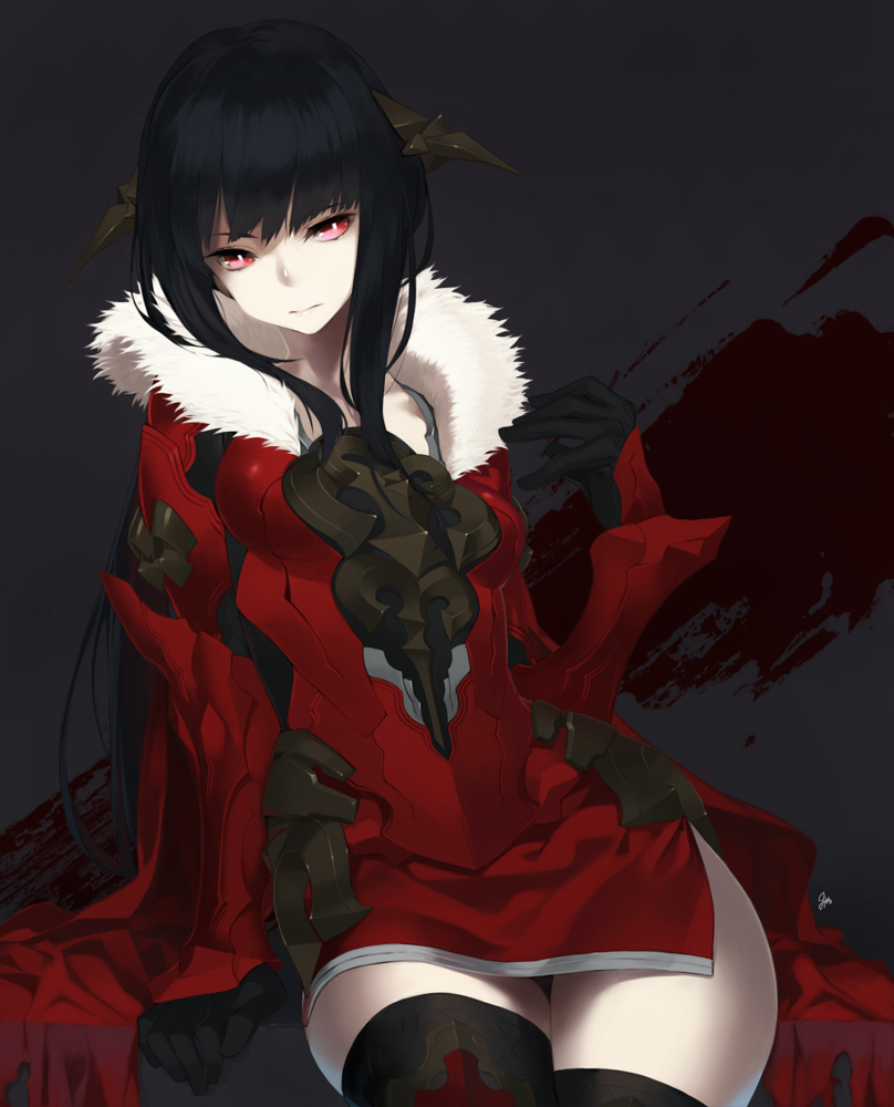 92m, arm_support, armor, black_gloves, black_hair, black_legwear, bodysuit, cape, gloves, headgear, horns, long_hair, lord_of_vermilion, red_eyes, rishia, simple_background, sitting, solo, thigh-highs, thighhighs, zettai_ryouiki
