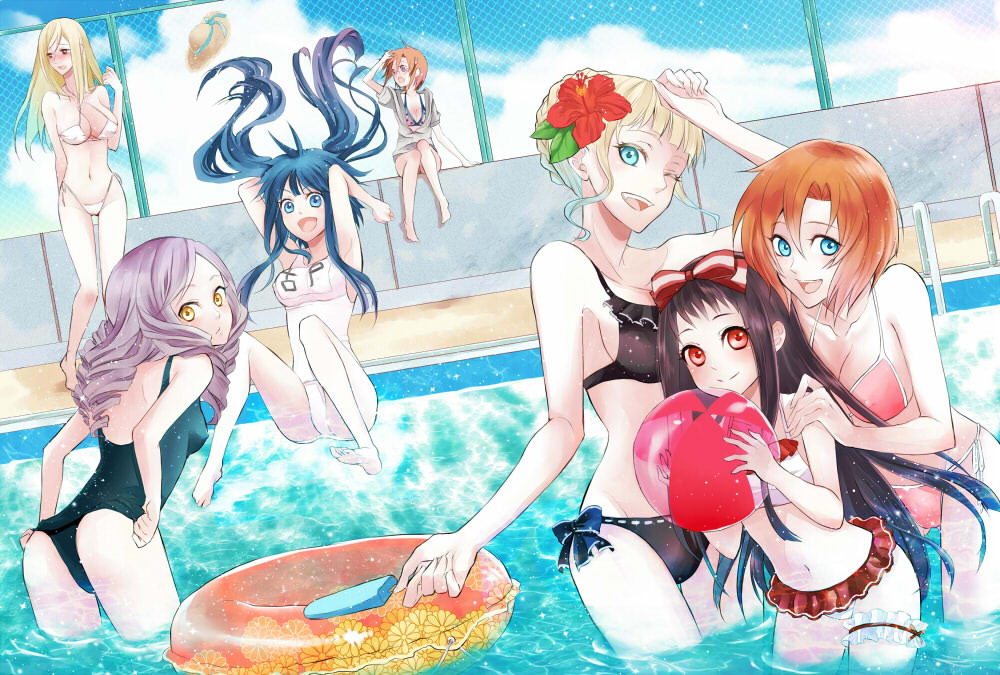 ass, bad_id, ball, barefoot, beachball, beatrice, bikini, black_hair, blonde_hair, blue_eyes, blue_hair, breasts, brown_hair, chainlink_fence, character_request, company_connection, creator_connection, dlanor_a_knox, drill_hair, dutch_angle, fence, flower, furudo_erika, hair_flower, hair_ornament, hair_ribbon, hat, hibiscus, higanbana_(higanbana_no_saku_yoru_ni), higanbana_no_saku_yoru_ni, higurashi_no_naku_koro_ni, innertube, jumping, moriya_marie, multiple_girls, navel, nero_(koyuki), one-piece_swimsuit, pool, pool_ladder, popsicle, purple_hair, red_eyes, ribbon, ryuuguu_rena, school_swimsuit, side-tie_bikini, swimsuit, takano_miyo, umineko_no_naku_koro_ni, wading, water, wink, yellow_eyes