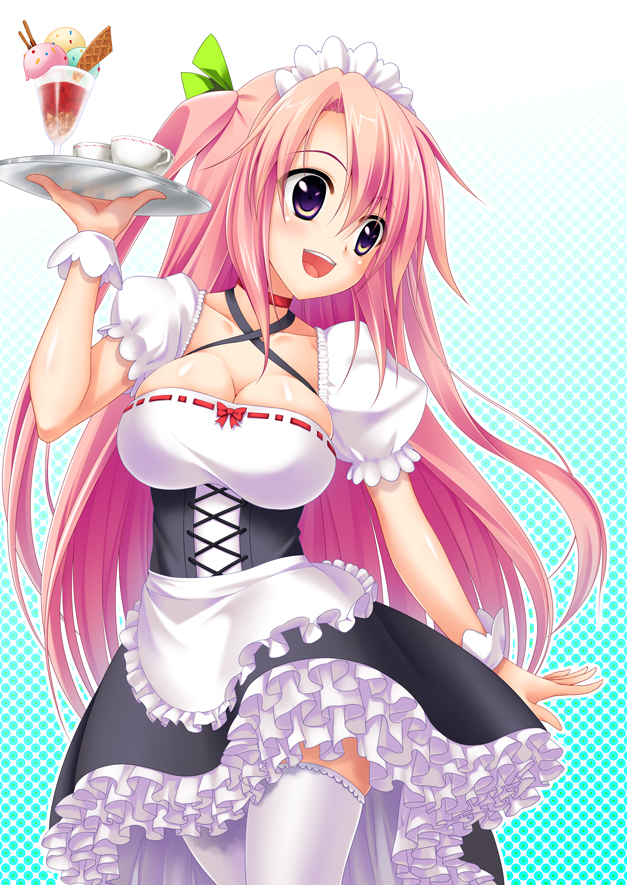 apron, breasts, cleavage, criss-cross_halter, cup, food, hair_ribbon, halter_top, halterneck, headdress, ice_cream, long_hair, open_mouth, original, pink_hair, pochadon, puffy_sleeves, purple_eyes, ribbon, skirt, smile, solo, thigh-highs, thighhighs, tray, two_side_up, violet_eyes, waist_apron, waitress, white_legwear, wrist_cuffs