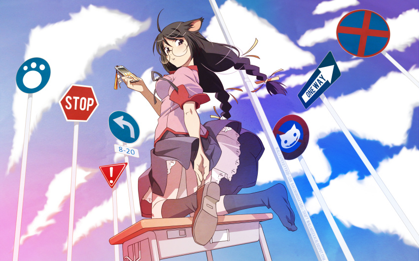 1girl, animal_ears, bakemonogatari, catgirl, cellphone, cloud, desk, glasses