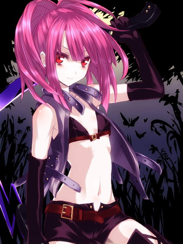 belt, black_gloves, elbow_gloves, gloves, long_hair, looking_at_viewer, midriff, navel