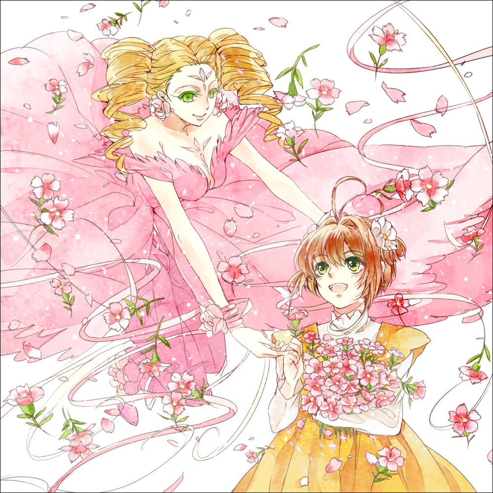 blonde_hair, bouquet, brown_hair, card_captor_sakura, cardcaptor_sakura, child, colored_eyelashes, dress