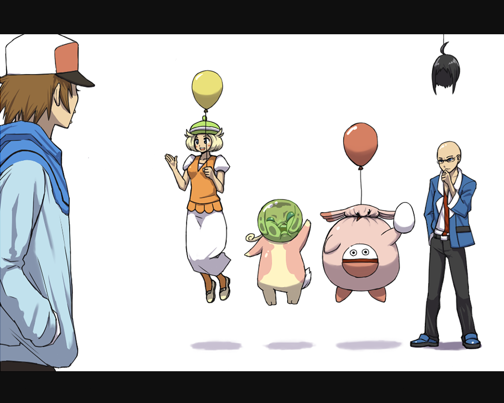2boys, audino, bad_id, bald, balloon, baseball_cap, bel_(pokemon), beret
