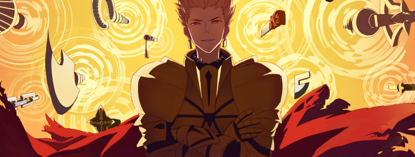 armor, blonde_hair, crossed_arms, earrings, fate/zero, fate_(series), gate_of_babylon, gilgamesh, jewelry, jokerplaner, male, red_eyes, solo, sword, weapon