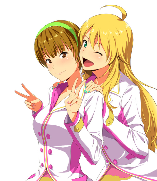 blonde_hair, blue_eyes, blush, brown_eyes, brown_hair, hairband, hasegawa_akiko, hoshii_miki