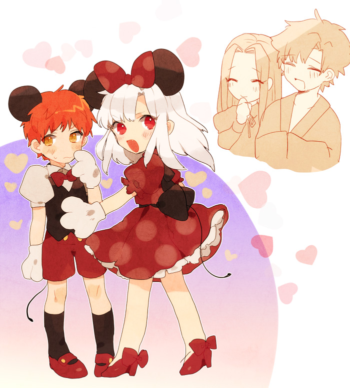 2girls, ^_^, animal_ears, bad_id, brother_and_sister, closed_eyes, cosplay, disney