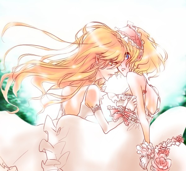 alice_margatroid, aria_(harahachibunme), aria_(pixiv470986), bare_shoulders, blonde_hair, blue_eyes, dress, elbow_gloves, flower, frills, gloves, hairband, incipient_kiss, kirisame_marisa, lips, long_hair, multiple_girls, profile, ribbon, rose, short_hair, sleeveless, surprise, surprised, touhou, wedding_dress, wind, yellow_eyes, yuri