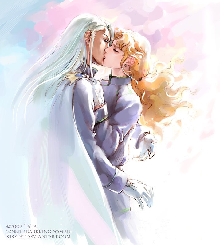 2boys, bishoujo_senshi_sailor_moon, blonde_hair, closed_eyes, coat, couple, dark_skin, earrings, gloves, jewelry, kiss, kunzite_(sailor_moon), long_hair, male, multiple_boys, silver_hair, tata, tatiana_kirgetova, white_gloves, yaoi, zoisite