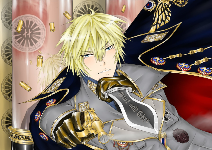 1_boy, 1boy, alternate_history, blonde_hair, blue_eyes, blue_shirt, cape, capelet, collar_tabs, fighting, flag, formal, german, gloves, gun, handgun, highres, holding, iron_cross, knife, leather, luger_p08, male, medal, military, military_uniform, nazi, original, reflection, shell_casing, solo, suit, text, translated, uniform, weapon