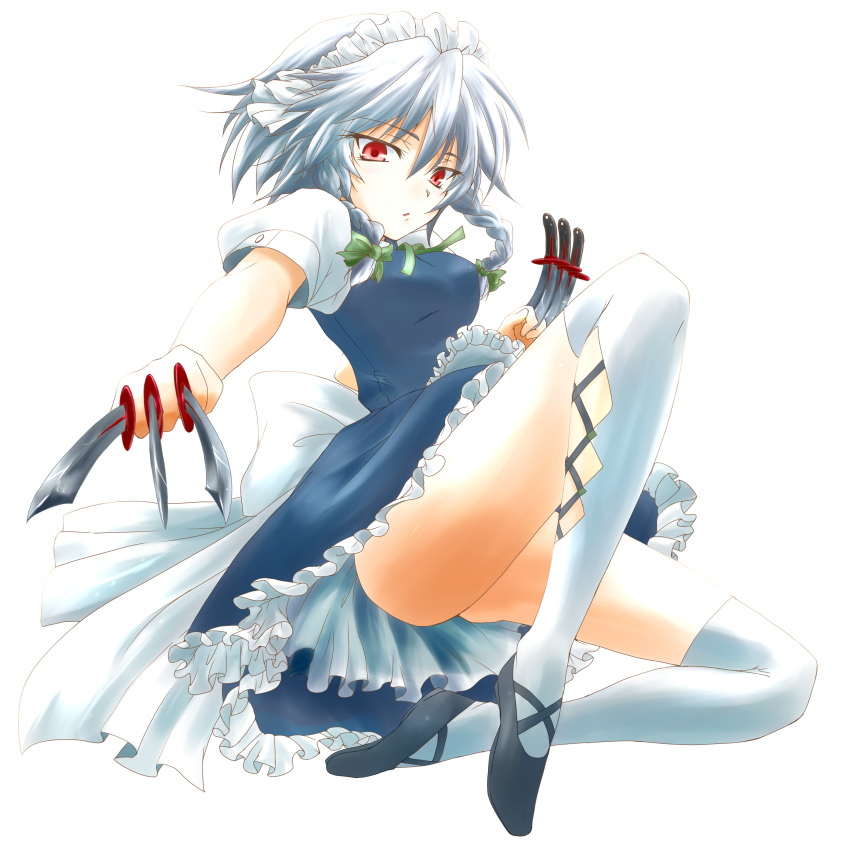 braid, hairband, highres, izayoi_sakuya, knife, maid, no_panties, red_eyes