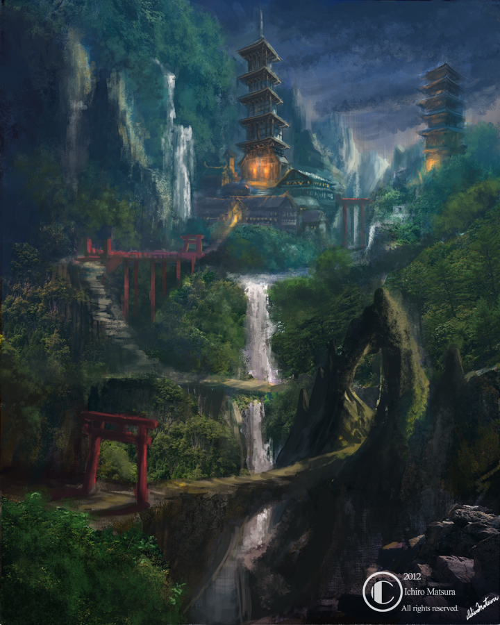 castle, east_asian_architecture, forest, landscape, matsura_ichirou, nature, no_humans, original
