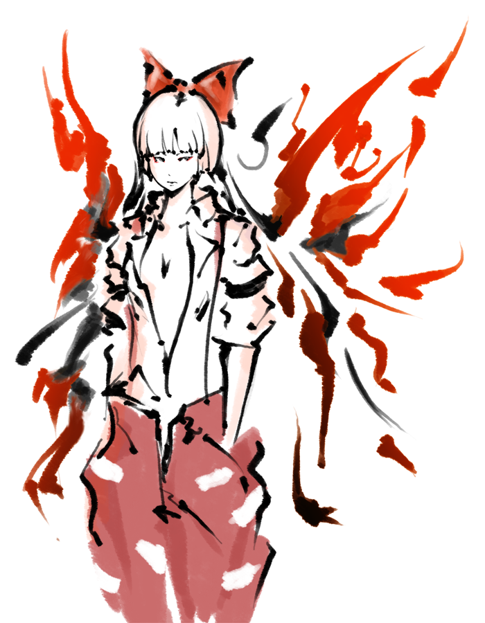 artist_request, fujiwara_no_mokou, hair_ribbon, hands_in_pockets, open_clothes, open_shirt, ribbon, shirt