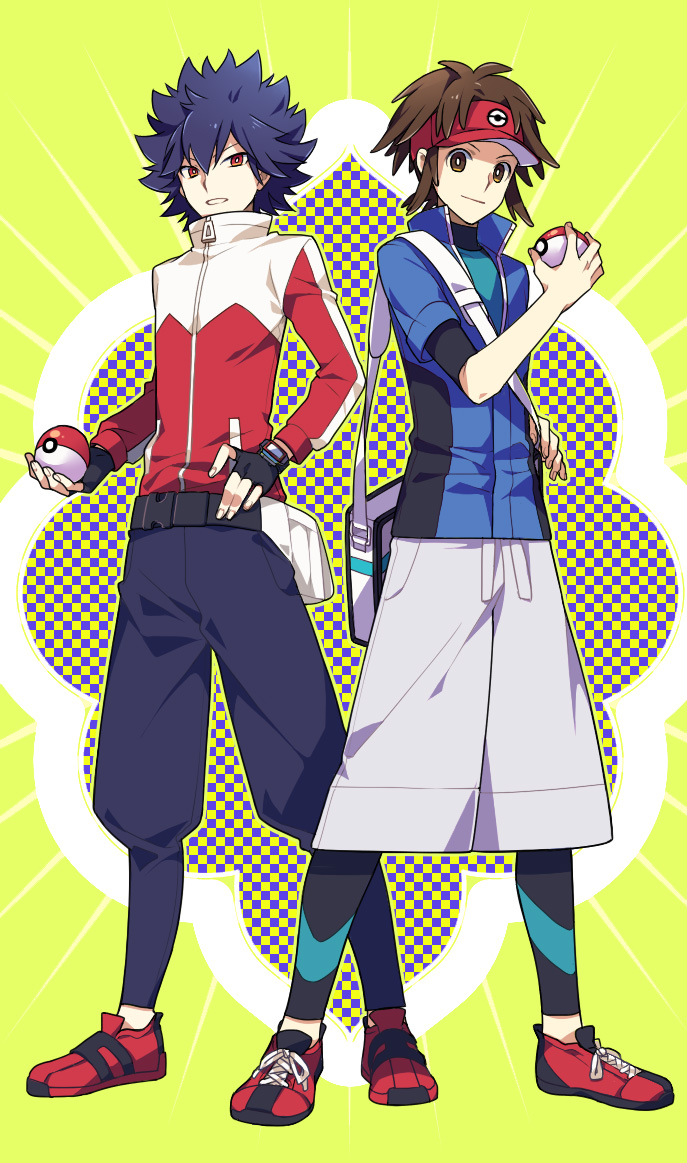 bag, black_hair, brown_eyes, brown_hair, holding, holding_poke_ball, hue_(pokemon), jacket