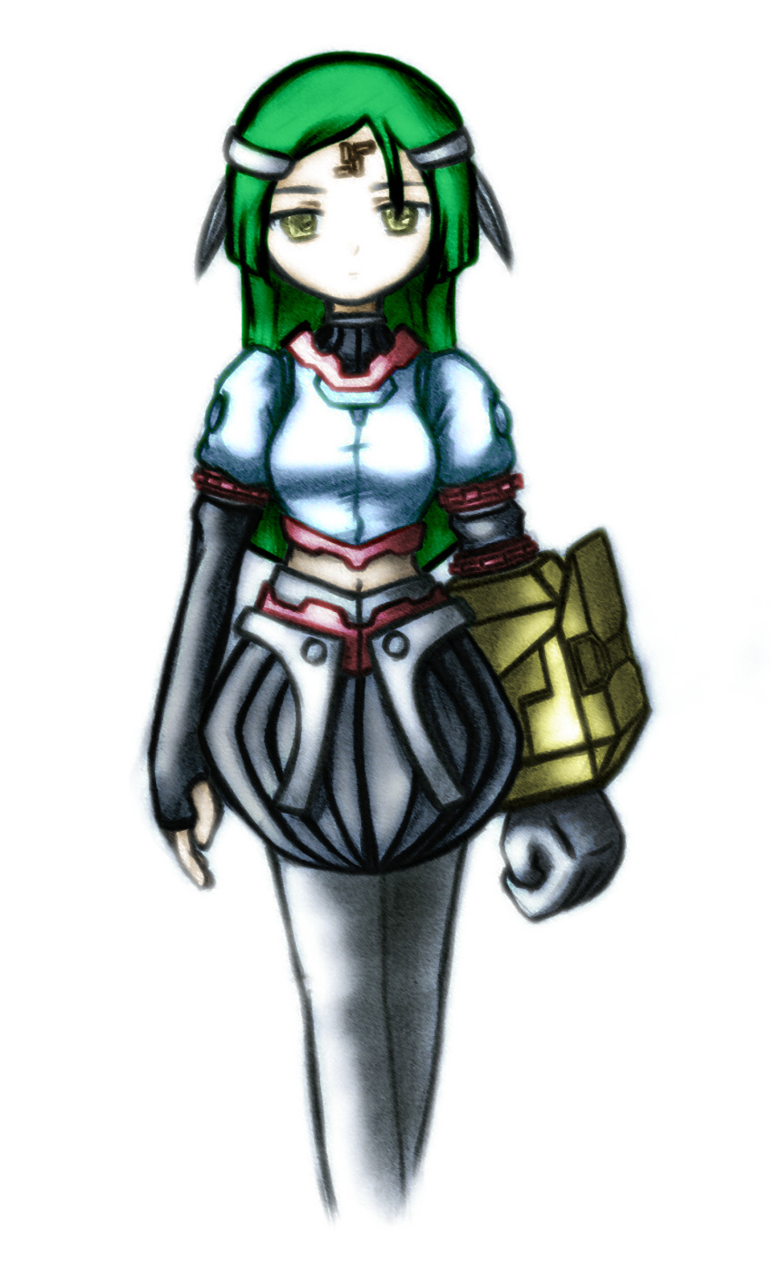 1girl, absurdres, android, arma_(recettear), elbow_gloves, facial_mark, forehead_mark, gloves, green_hair, hairband, highres, itsnotfilia, long_hair, mechanical_arm, midriff, pantyhose, recettear, solo, yellow_eyes