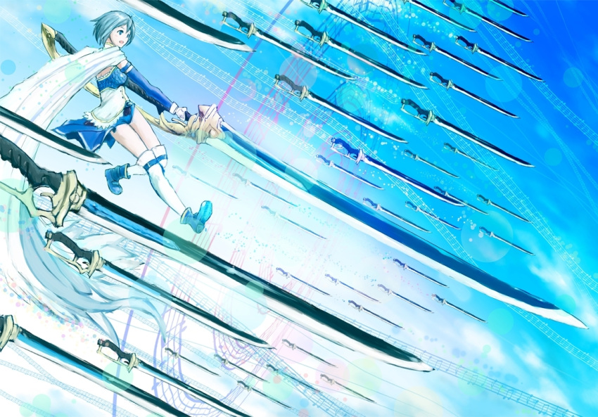 blue_hair, buckle, cape, elbow_gloves, gate_of_babylon, gloves, huge_weapon, magical_girl